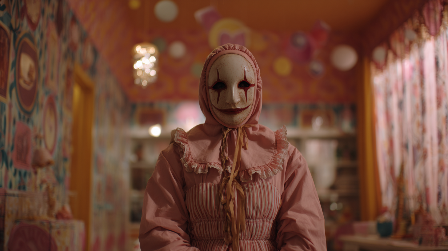 Surreal masked figure in pink